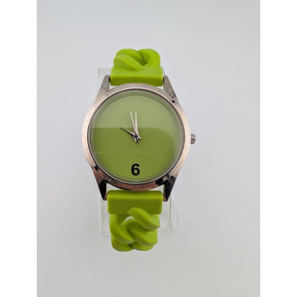 Women's Quartz Watch 35mm Silver Case Lime Green Silicone Band- New Battery